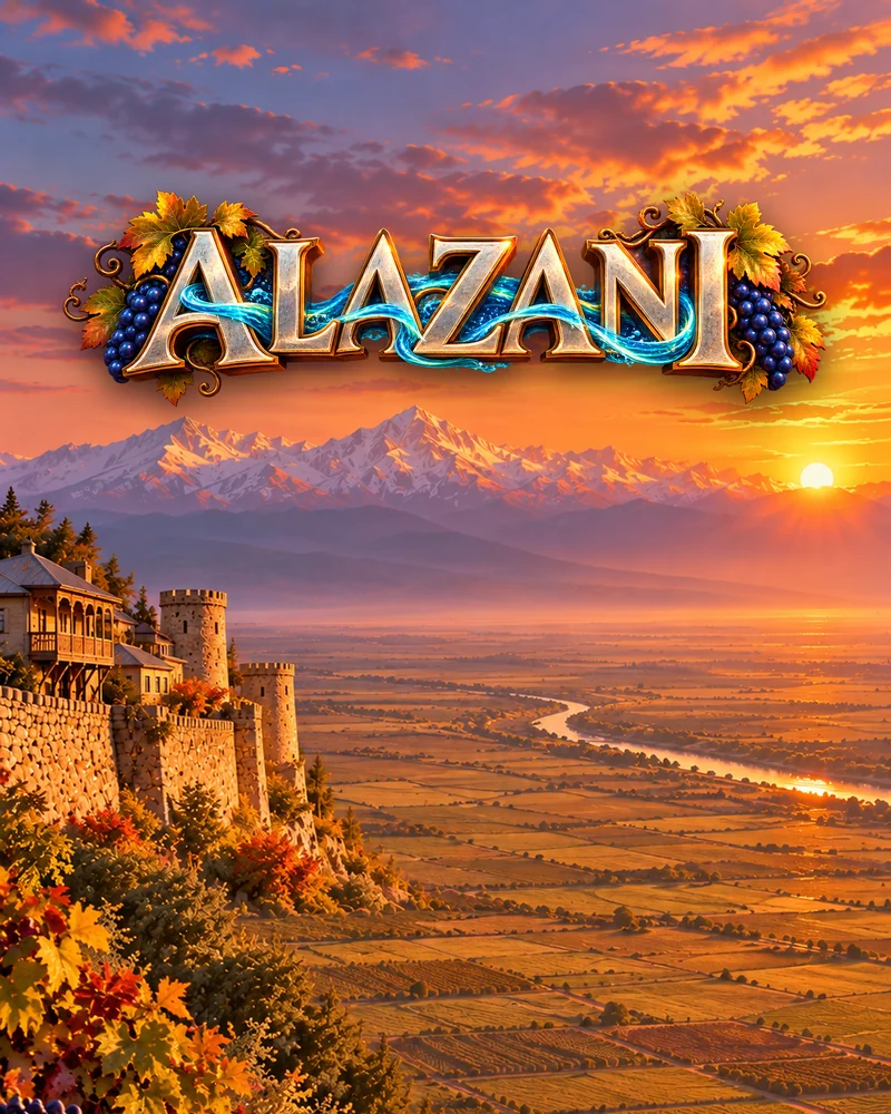 The Alazani valley at sunset from Sighnaghi’s wall, the Caucasus behind, under the game’s logo