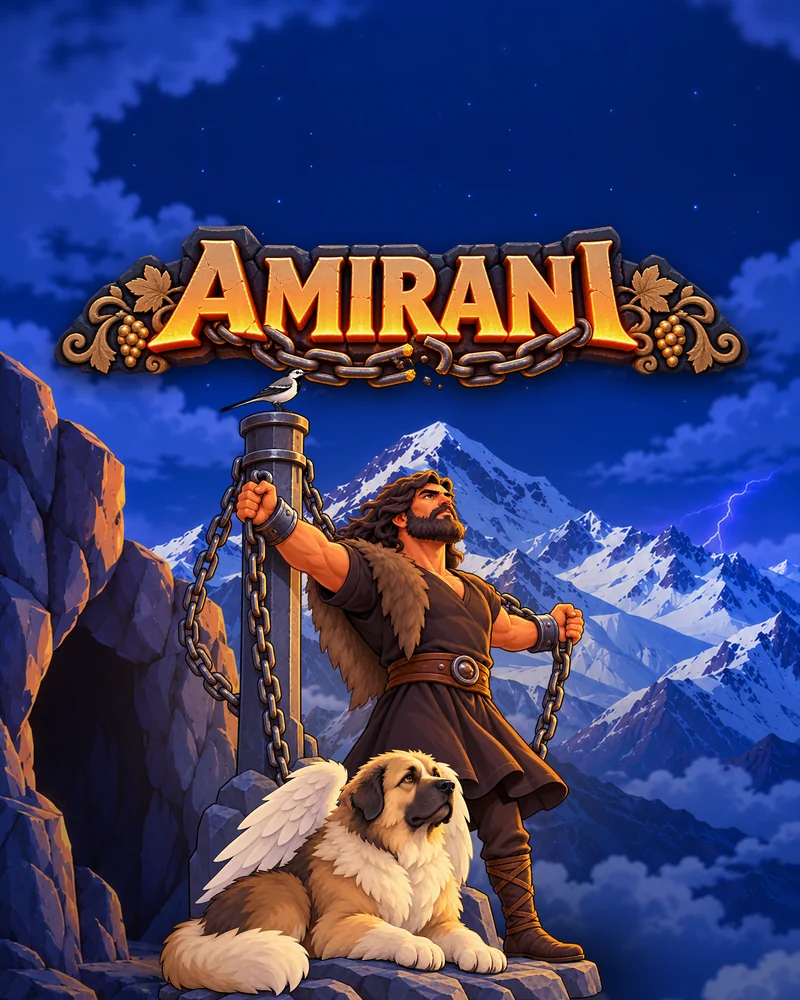 Amirani chained to the iron post on Mount Kazbek, with Kursha, his winged dog, and a wagtail on the post