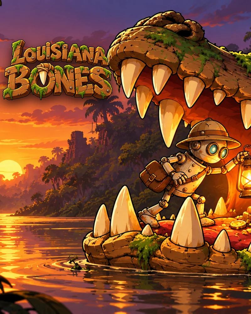 Louisiana Bones: a tin explorer with a lantern steps into the open jaws of a crocodile on a jungle river at sunset