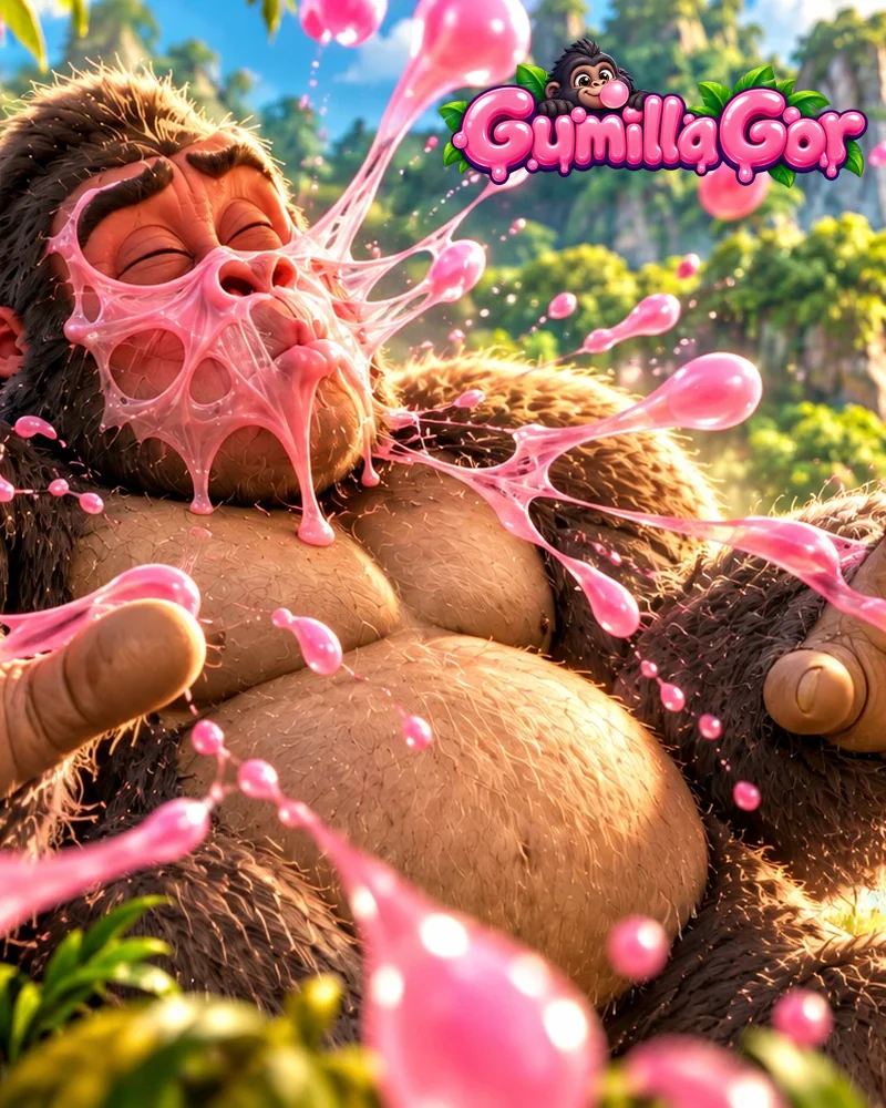 Gumilla Gor: the gorilla with a burst bubble gum bubble over his face, pink splashes flying, waterfalls behind