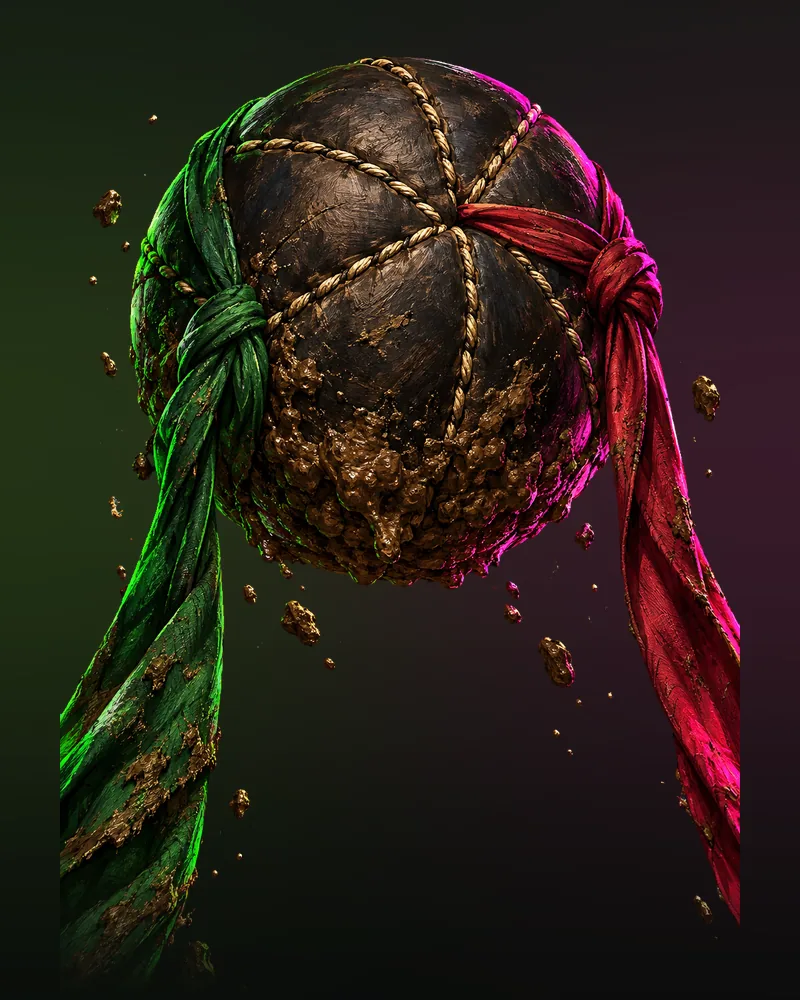 Lelo — the stitched leather ball in the air, a green sash and a carmine sash pulling it two ways