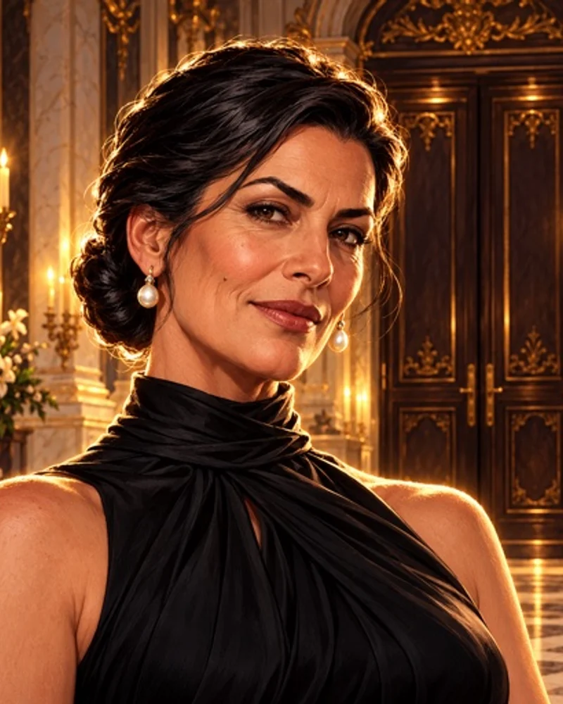 Nobody — Elena, in a black evening dress, in the lobby of the grand hotel