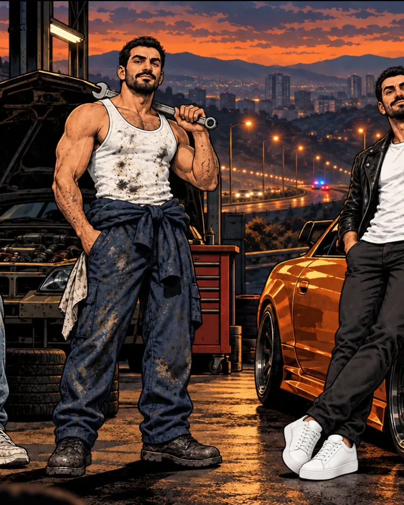 Tengo — the garage at sunset, the mechanic with his wrench, the car