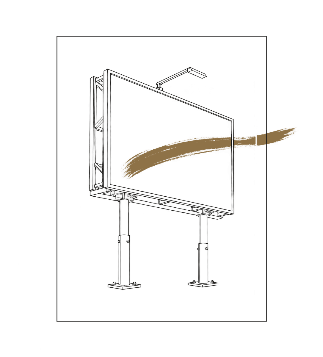 Line drawing of an empty billboard with a bronze brushstroke sweeping out of it