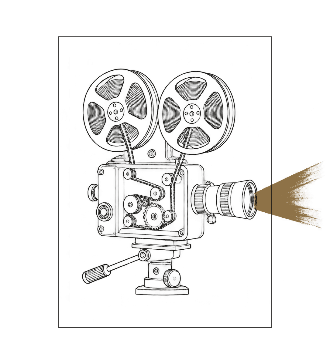 Line drawing of a cine camera with its mechanism exposed and a bronze beam leaving the lens