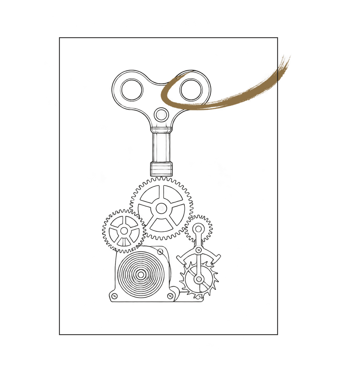 Line drawing of a wind-up key with its clockwork exposed and a bronze arc of its turn