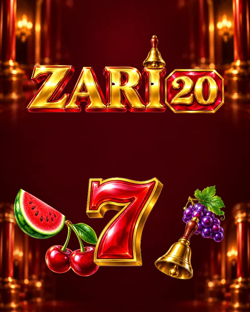 The Zari 20 logo with its golden bell over a red hall, a seven, cherries, a watermelon, grapes and a bell below